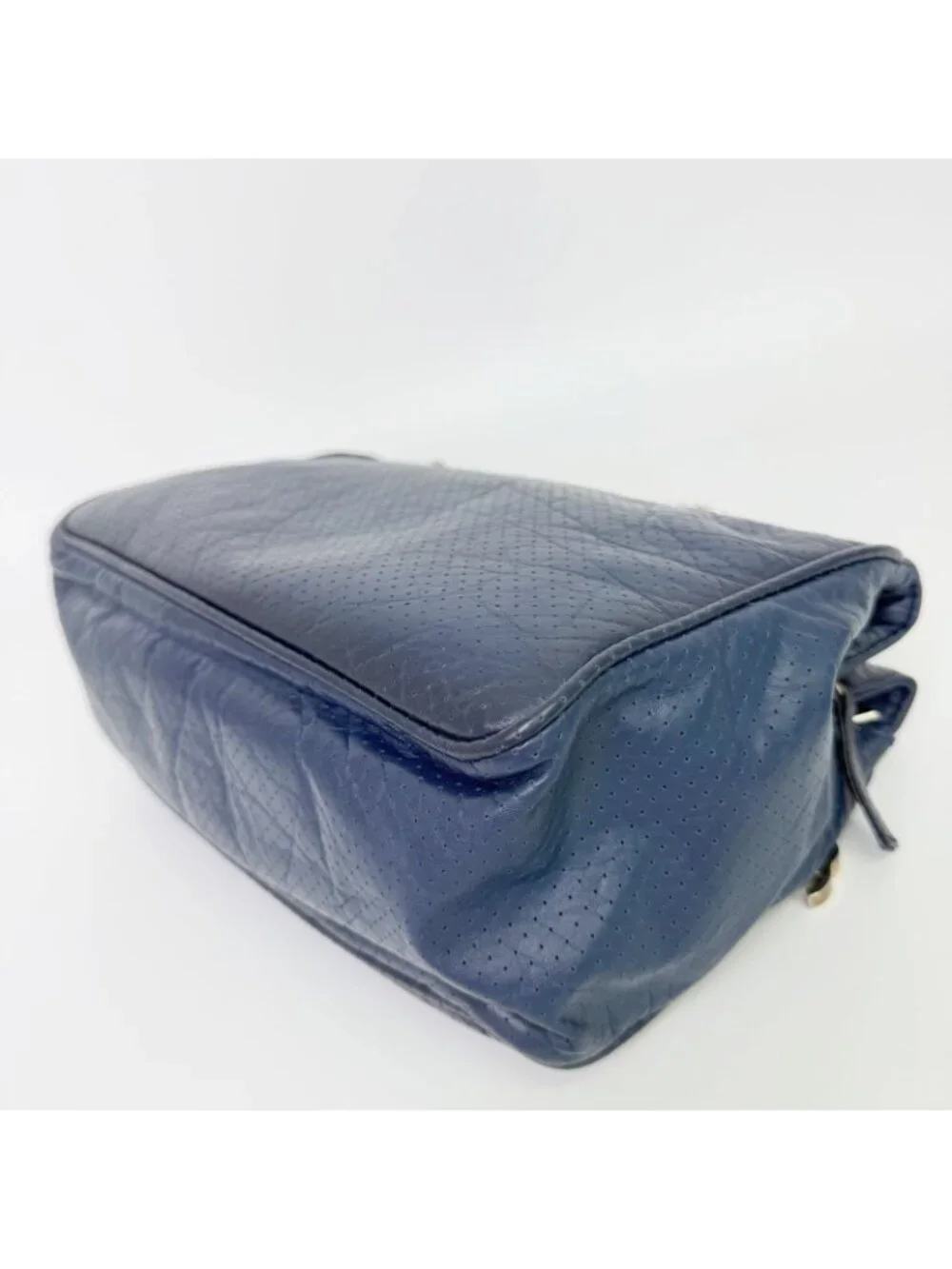 Chanel CC Logo Quilted Perforated Shoulder Bag Leather Blue Silver Vintage